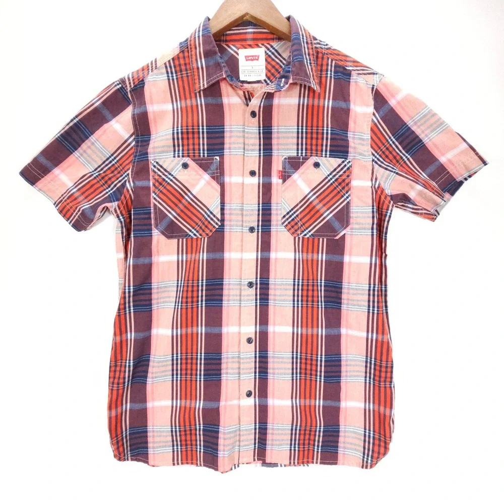 Skate Levis Shirt Mens S Orange Plaid Short Sleeve Button Up Streetwear Pocket - Picture 1 of 7